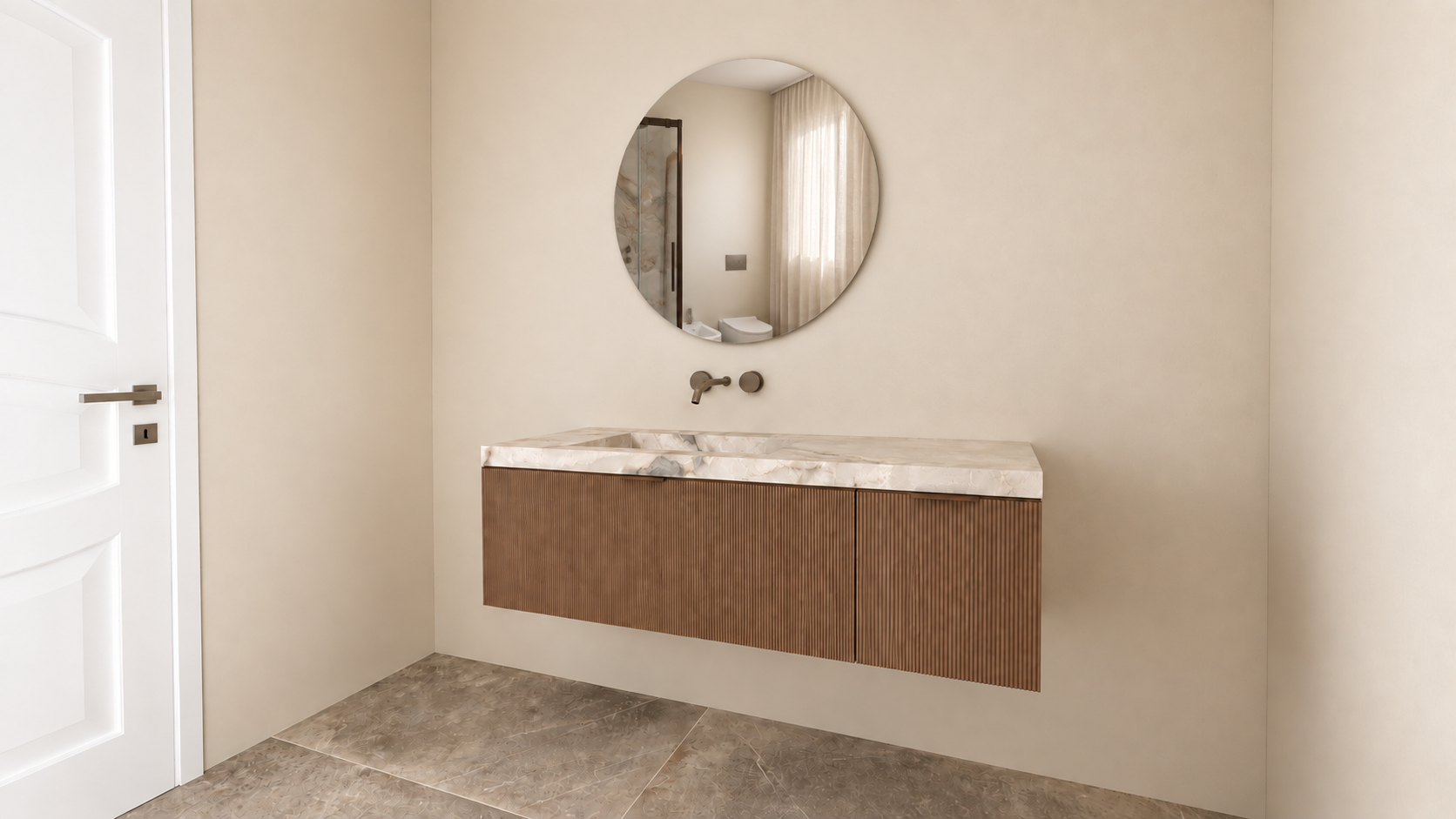 Bagno MS: mobile sospeso in legno con lavabo e specchio circolare